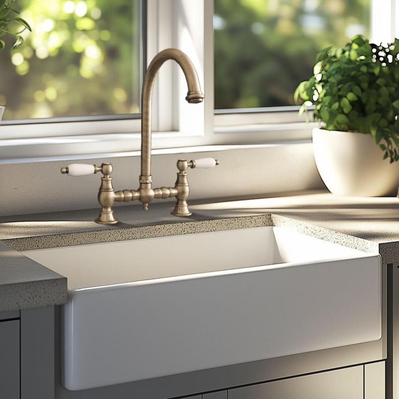 PB Nostalgic Brücken-Küchenarmatur Bronze runder Auslauf mit weißen Griffen PBN.BRO.R.WH