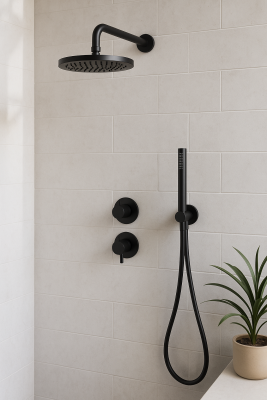 Waterevolution Flow Unterputz-Duschgarnitur mattschwarz mit Thermostat Regendusche und Handbrause 1208846402