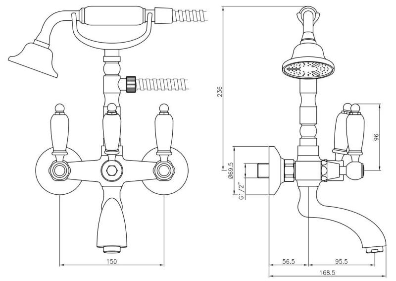 PB Classic Aufputz-Wannenarmatur mit weißen Griffen Chrom, inklusive Handbrause 1208854412