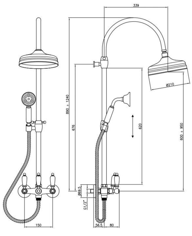 PB Classic Duschgarnitur Aufputz mit Regendusche Teleskop-Duschsäule Edelstahl 1208854892