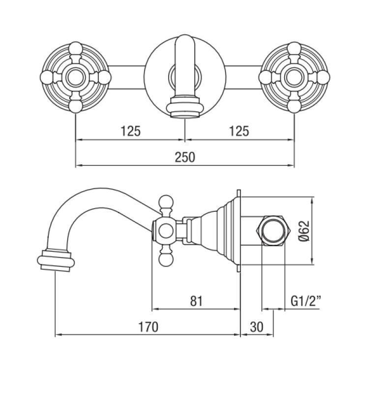 PB klassische Einbau-Wandarmatur mit Sternknöpfen 16 cm Auslauf Edelstahl 1208855062