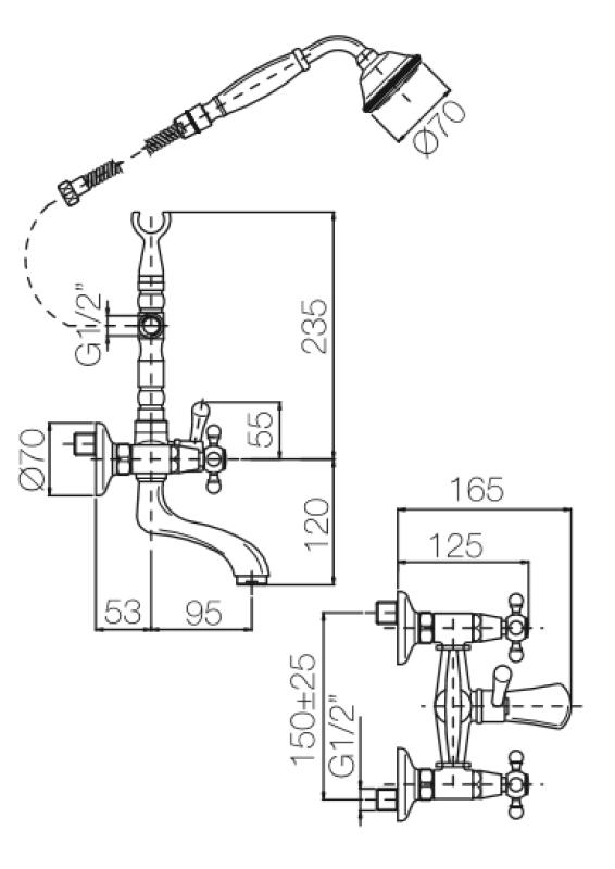 PB klassischer Wasserhahn Aufputz-Badarmatur mit Sternknöpfen Chrom inklusive Handbrause 1208855152