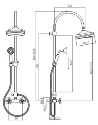 PB Classic Duschset Aufputz mit Regendusche Teleskop-Duschsäule Sterngriffe Bronze 1208855902