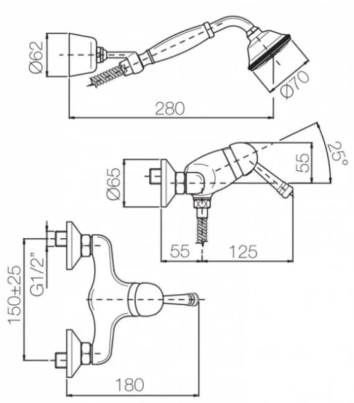 PB Nostalgisches Duschset mit Handbrause Aufbau Edelstahl