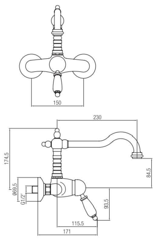 PB nostalgische Einhebel-Wandarmatur, Aufputz, weißer Griff, Edelstahl
