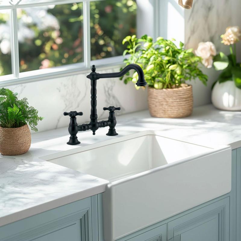 PB Nostalgische Brücken-Küchenarmatur mattschwarzer Auslauf mit Sterngriffen PBN.ZW.H.ST