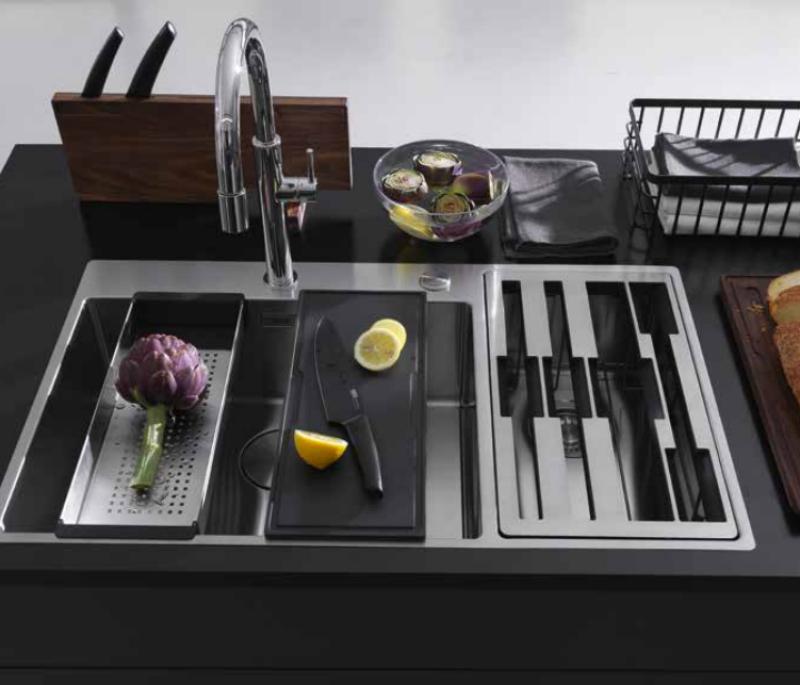 Franke Box Center BWX220-54-27 Edelstahlspüle links mit Schneidebrett, Messerset und Gitterkorb 86x51cm 127.0558.826