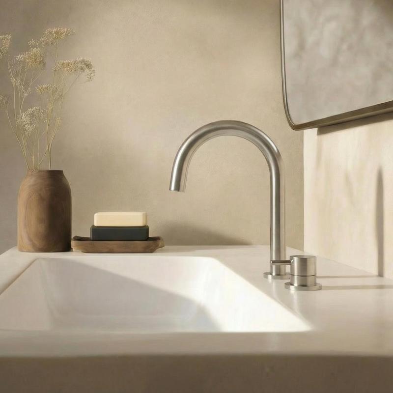 Waterevolution Flow 2-Loch-Waschtischarmatur komplett aus Edelstahl mit niedrigem 113mm U-Auslauf T1121UIE