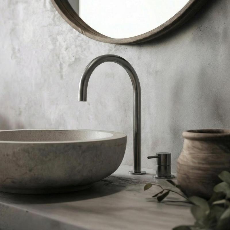 Waterevolution Flow 2-Loch-Waschtischarmatur PVD Gun Metal mit hohem U 200 mm Auslauf T1122UGME