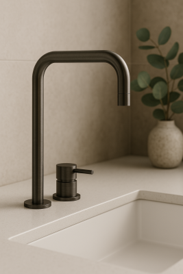Waterevolution Flow 2-Loch Waschtischarmatur mit hohem Auslauf 222, PVD Gun Metal T122HGME