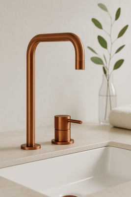 Waterevolution Flow 2-Loch Waschtischarmatur mit hohem Auslauf 222, PVD gebürstetes Kupfer T122HCPE