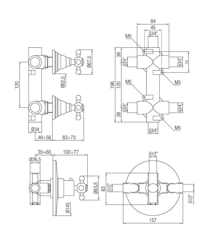 PB Classic nostalgischer Einbau-Duschthermostat mit 2 Absperrhähnen, Chrom