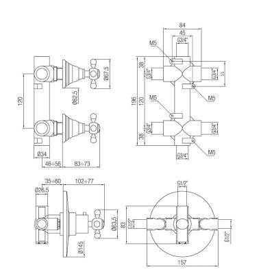 PB Classic nostalgischer Einbau-Duschthermostat mit 2 Absperrhähnen in Edelstahloptik