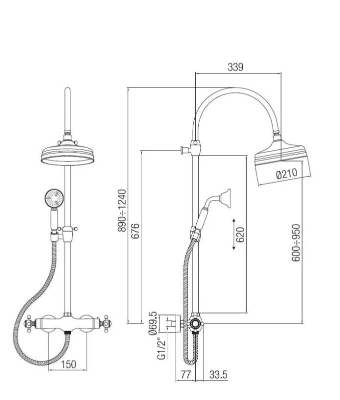 PB Classic Duschsäule mit Thermostatbatterie und Regendusche aus Edelstahl