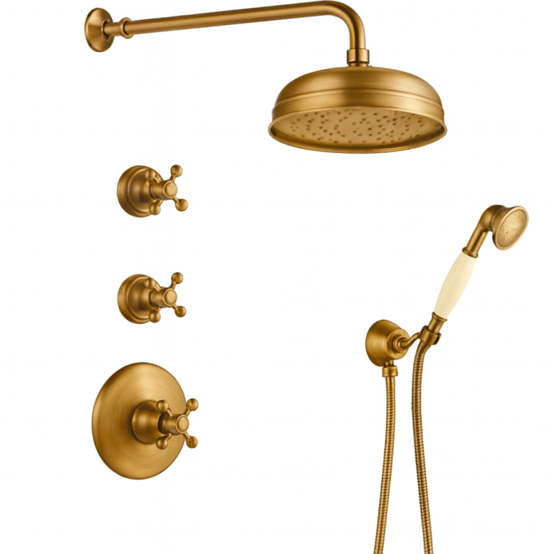 PB Nostalgic Unterputz Duschset mit Thermostat und 2 Absperrventilen - Handbrause - Regendusche 200mm - Bronze