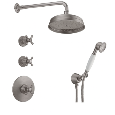 PB Nostalgic Unterputz-Duschset mit Thermostat und 2 Absperrventile - Handbrause - Regendusche 200mm - Edelstahl