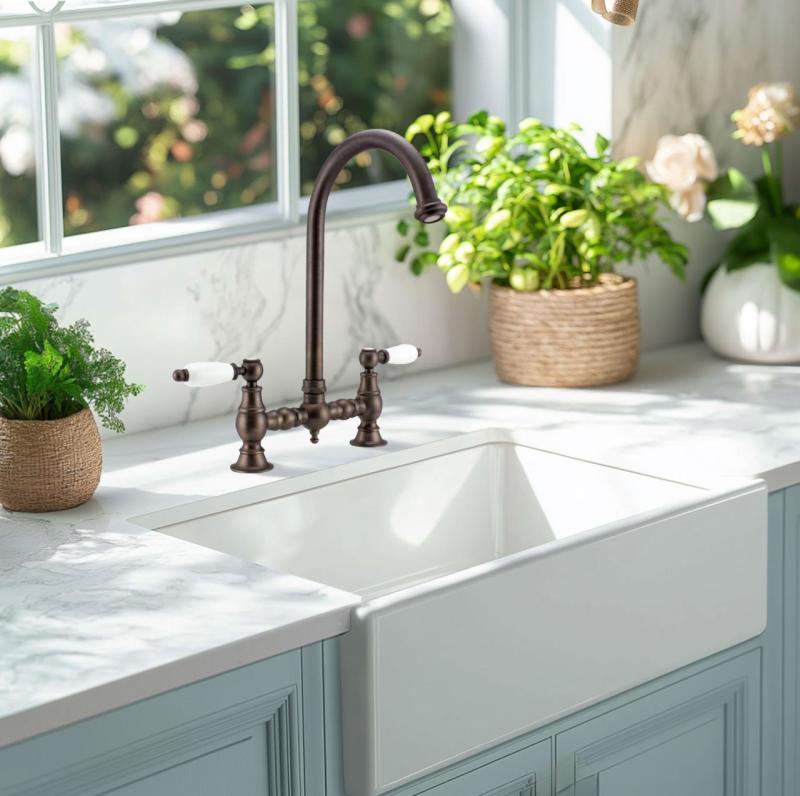 PB Nostalgische Brücken-Küchenarmatur dunkle Bronze mit rundem Auslauf und weißen Hebeln 1208954665