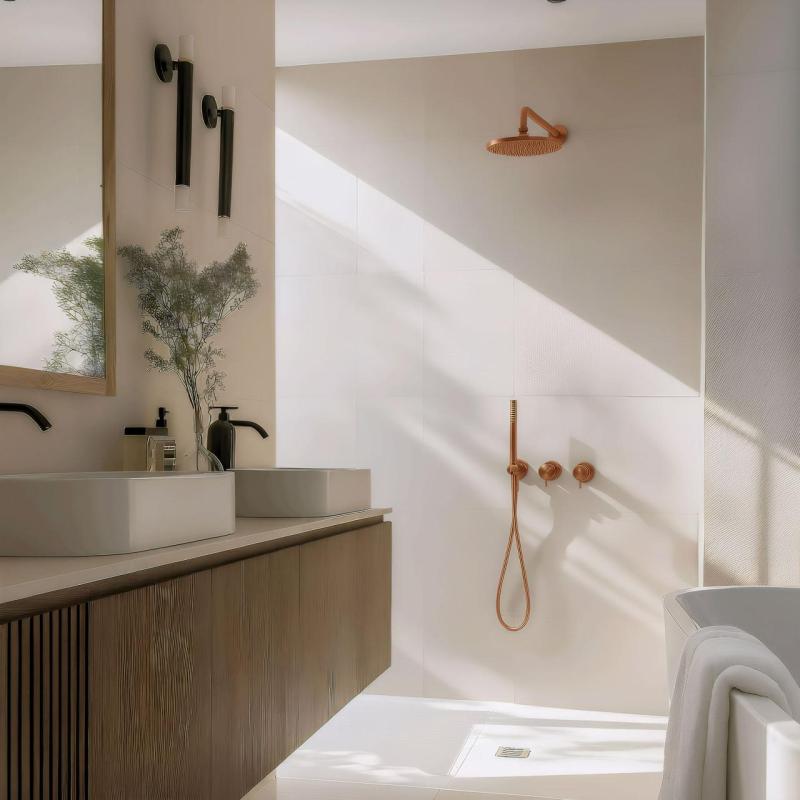 Waterevolution Flow Unterputz-Duschset mit Thermostat Regendusche und Handbrause gebürstetes Kupfer PVD