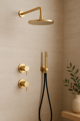 Waterevolution Flow Unterputz-Duschset mit Thermostat Regendusche und Handbrause gebürstetes Hellgold PVD