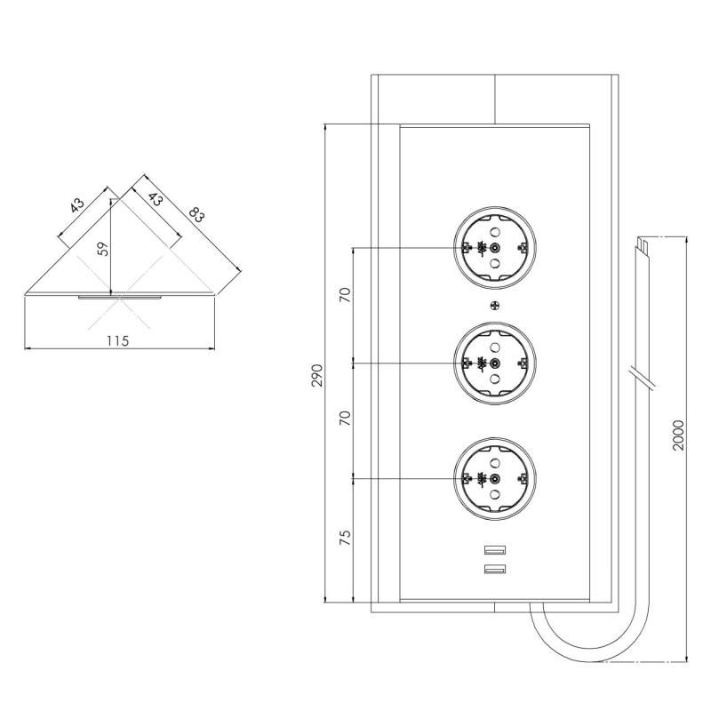 Indux Corner Energie-Säule mit 3 Steckdosen, Schutzkontakt und doppeltem USB-A&amp;C-Ladegerät, schwarz 1208955899
