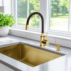 Quadri Bristol Küchenmischarmatur mit flexiblem schwarzem Auslauf, PVD-gebürstetes Gold 1208956029