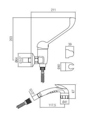 PB Clinic behindertengerechet Brausebatterie mit langem Hebel Chrom mit Handbrause 1208956283