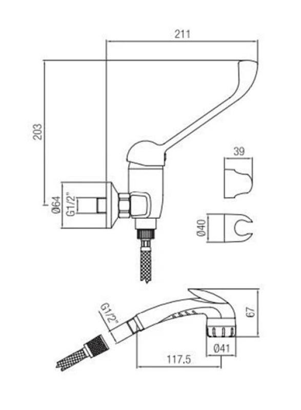 PB Clinic behindertengerechet Brausebatterie mit langem Hebel Chrom mit Handbrause 1208956283