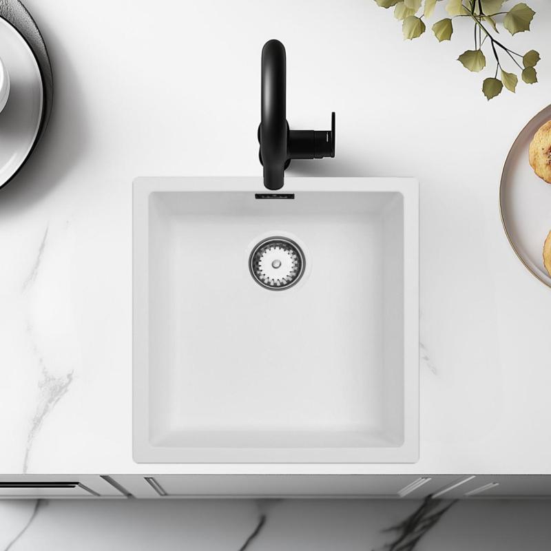 Weißes Spülbecken 40x40cm Unterbau und Oberflächen-Einbau mit Edelstahlstecker 1208956392