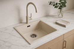 Sandfarbenes Spülbecken 40x40cm für Unterbau, flächenbündiger und Oberflächen-Einbau mit Edelstahlstecker 1208956394