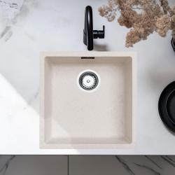 Sandfarbenes Spülbecken 40x40cm für Unterbau, flächenbündiger und Oberflächen-Einbau mit Edelstahlstecker 1208956394