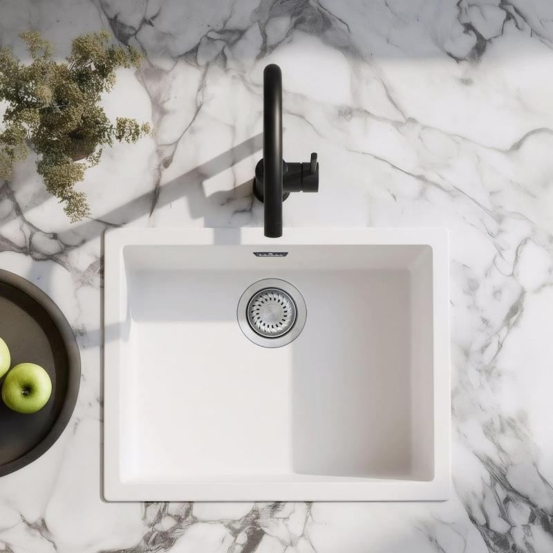 Weißes Spülbecken 50x40cm Unterbau, flächenbündiger und Oberflächen-Einbau mit Edelstahlstecker 1208956397