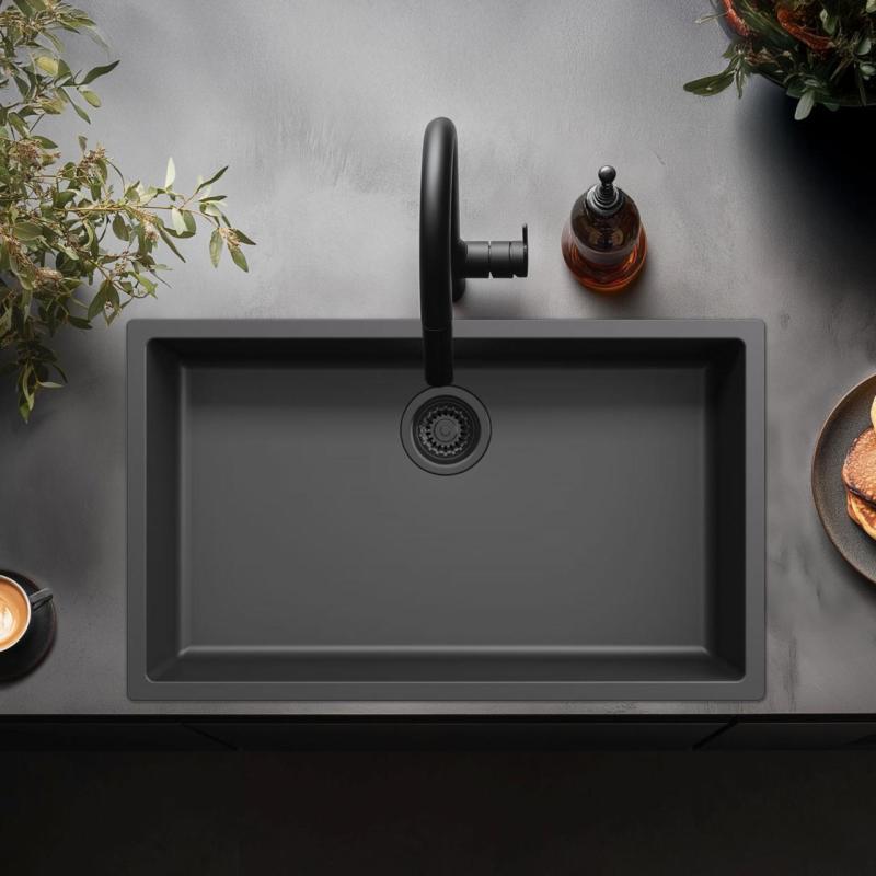 Schwarzes großes Spülbecken 70x40cm Einbau von oben unten oder den flächenbündigen Einbau mit schwarzem Ablaufstecker 1208956401