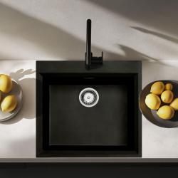 Schwarzes Spülbecken 58x53cm Oberflächen-Einbau mit Hahnlochbank mit Edelstahlstecker 1208956732