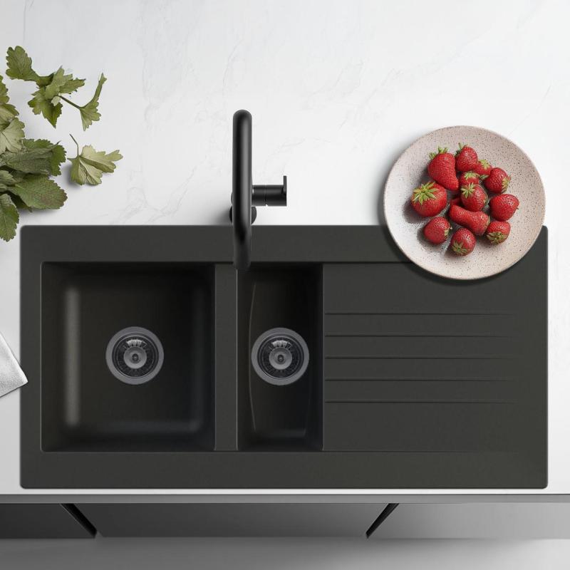 Ausmann Fibre 1,5 schwarze Kunststoffspüle, umkehrbar, mit Abtropffläche, Aufsatzmontage, 100 x 50 cm, 1208956783