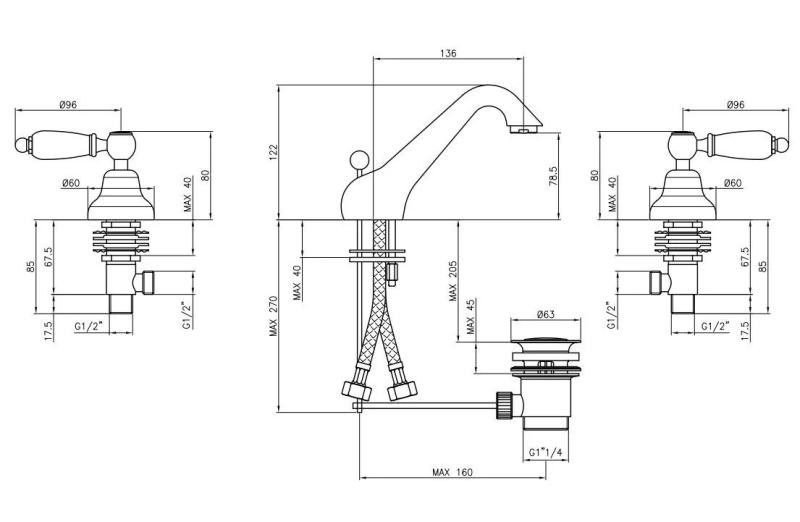 PB classic Mischbatterie 3-Loch-Waschtischarmatur, weißer Hebel, Bronze 1208956907