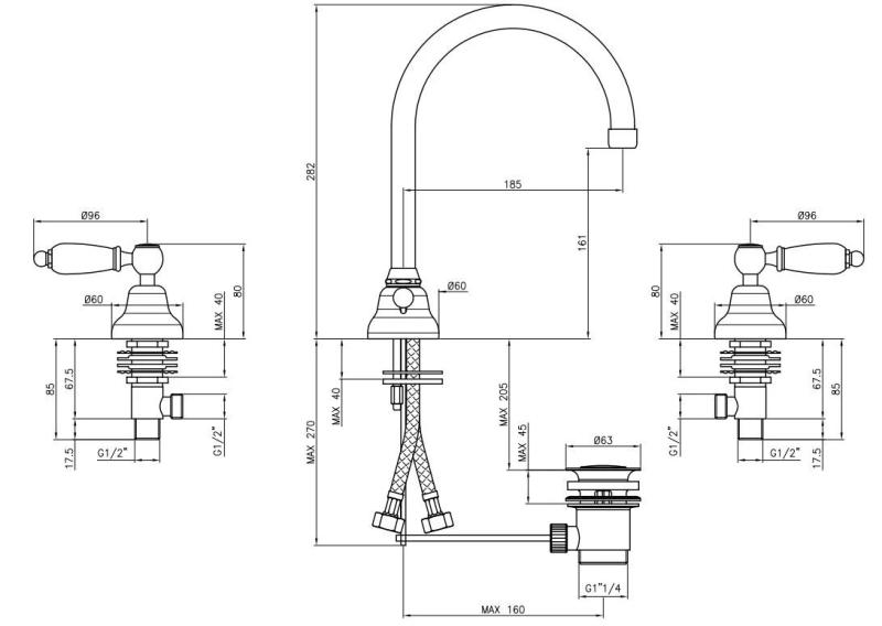 PB classic 3-Loch-Waschtischarmatur, weiße Hebel, mit rundem Auslauf, Bronze 1208956913