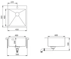 Ausmann Turt Edelstahlspüle 450x505mm mit Hahnloch, Unterbau, flächenbündig und Oberflächen-Einbau 1208956941