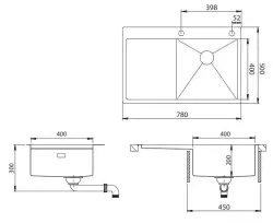 Ausmann Turt Gold, Spülbecken mit Abtropffläche links 780x500mm, flächenbündig und Oberflächen-Einbau 1208956942