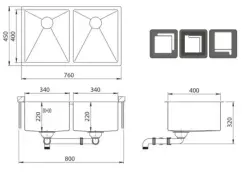 Ausmann Oder Doppel-Edelstahlspüle 76x45cm mit 2 Becken 34x40, flächenbündig, Unterbau und Oberflächen-Einbau, extra tief 22cm 1208957116