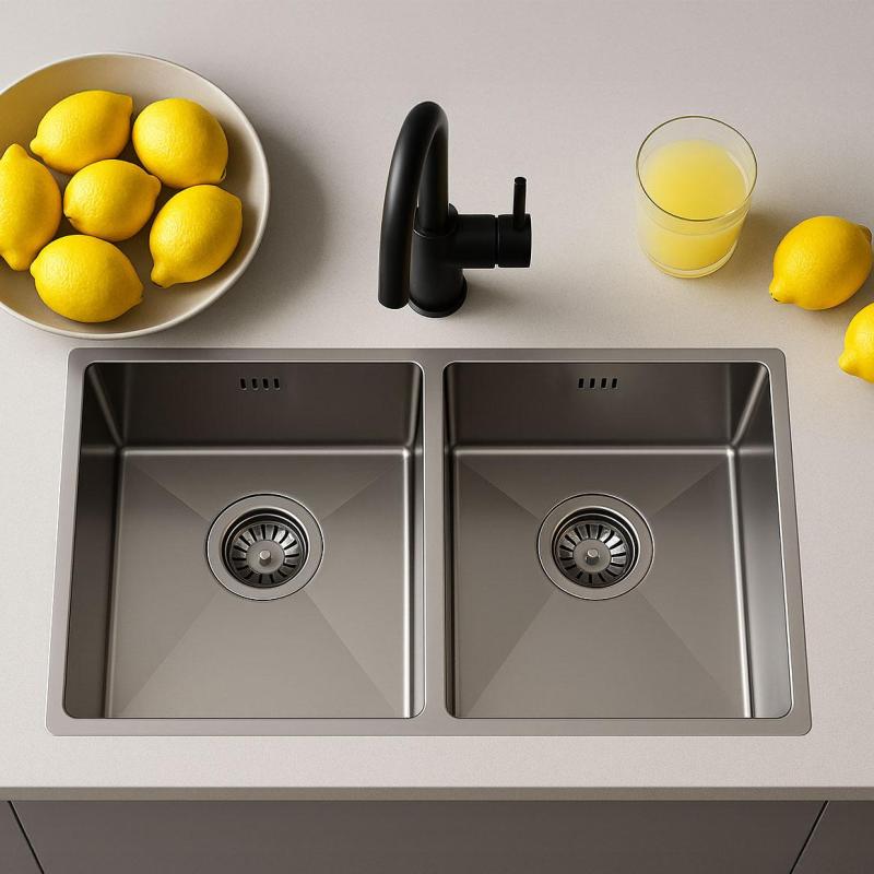 Ausmann Oder Doppel-Edelstahlspüle 76x45cm mit 2 Becken 34x40, flächenbündig, Unterbau und Oberflächen-Einbau, extra tief 22cm 1208957116