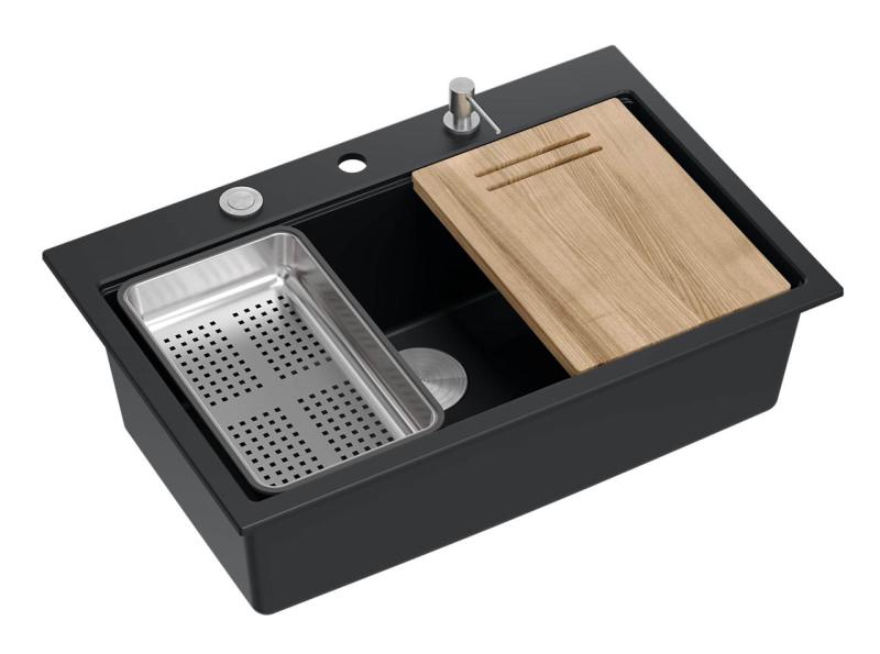 Quadri mattschwarze Hartstein-Granit-Spüle groß 76x50cm, inkl. Zubehör Oberflächen-Einbau1208957201