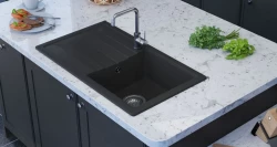 GraniteMy Smart extra flache Granit-Spüle, Schwarz, 76x44cm, mit Abtropffläche,reversibel, aufliegend 1208957353