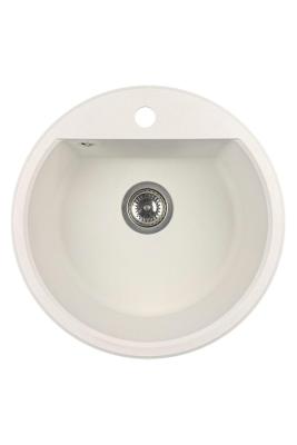 GraniteMy Bremen runde Granitspüle 43 cm, Weiß, aufliegend und Unterbau, mit Hahnlochbank und Edelstahlstecker 1208957356