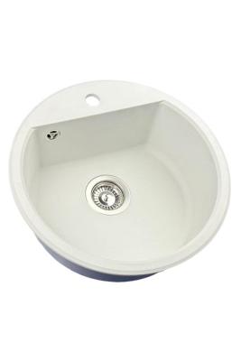 GraniteMy Bremen runde Granitspüle 43 cm, Weiß, aufliegend und Unterbau, mit Hahnlochbank und Edelstahlstecker 1208957356