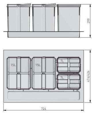 Garbi Basket B-80-4 Abfallsortiersystem für Schublade 80cm inkl. Halterung und 4 Abfalleimern 1208957477