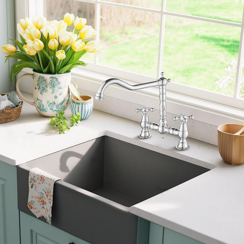 AquaTrimo Windsor 2-Loch-Küchenarmatur mit nostalgischer Brücke und Auslauf Chrom 21WS7653CM