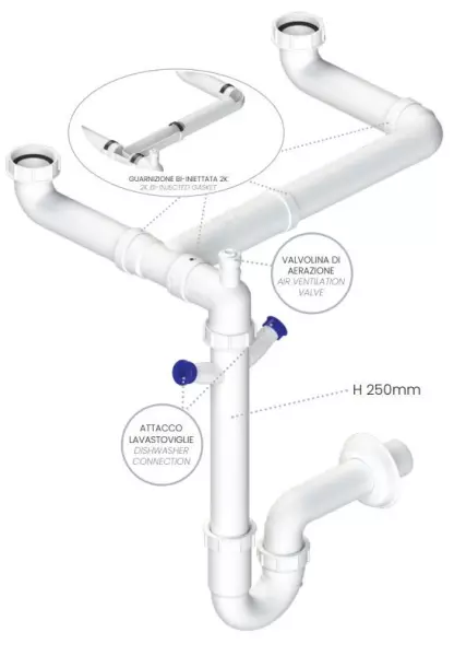 Ausmann doppelt Siphon platzsparender Spülsiphon für die Küche mit Entlüftung und 2 Spülmaschinenanschlüssen 1208957662