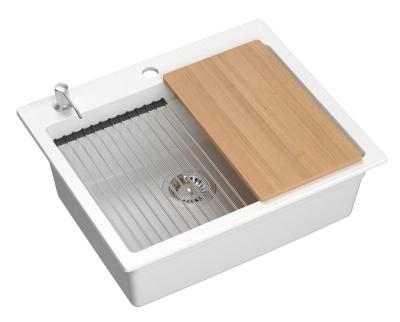 Quadri Durham weißer Granitaufbau-Spülbecken 595x500 mit Seifenspender, Schneidebrett, Rollmatte, Einsatzbecken und Rollmatte 1208957903