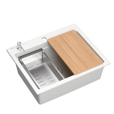 Quadri Durham weißer Granitaufbau-Spülbecken 595x500 mit Seifenspender, Schneidebrett, Rollmatte, Einsatzbecken und Rollmatte 1208957903
