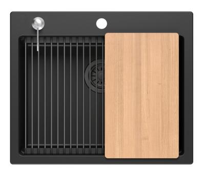 Quadri Durham schwarzer Granit-Aufsatzspüle 595x500 mit Seifenspender, Schneidebrett, Einlegebecken und Rollmatte 1208957904